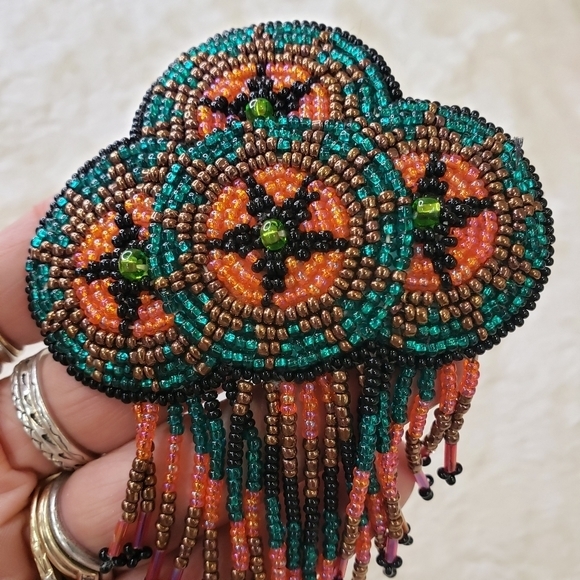 HANDMADE Beaded Quadruple Medallion Barrette with Fringe Teal - Picture 2 of 7